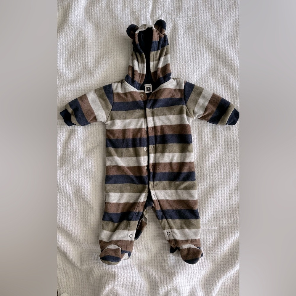 Carters Striped Hooded Fleece One Piece Size 6 months EUC